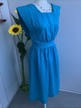 Vintage 70s 80s Bright Blue Midi Dress w Structural Sleeves & Button Up Back